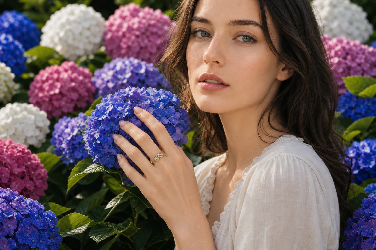 European model wearing Jewelry Roots RG-S001 ring among hydrangea flowers