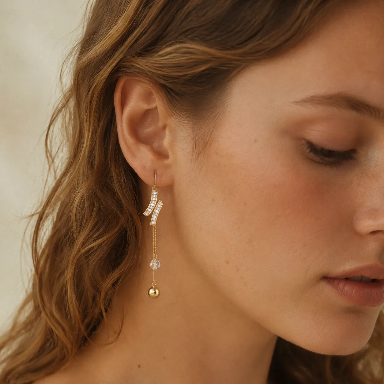 Zircon Ribbon Gold Ball Drop Earrings