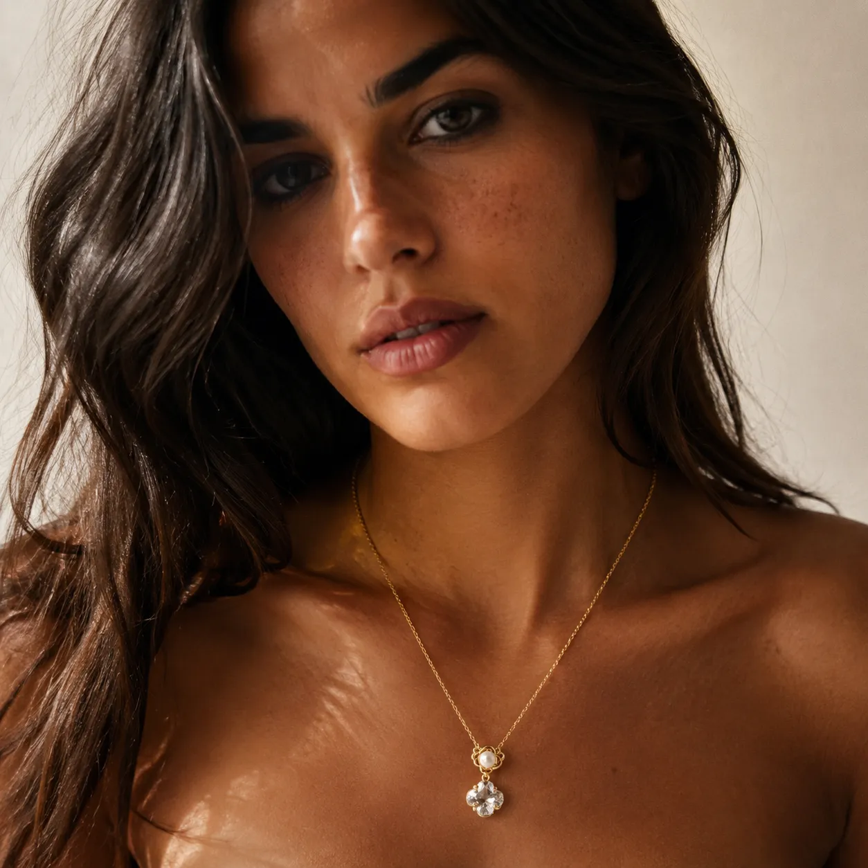 Square Crystal Floral Pearl Necklace