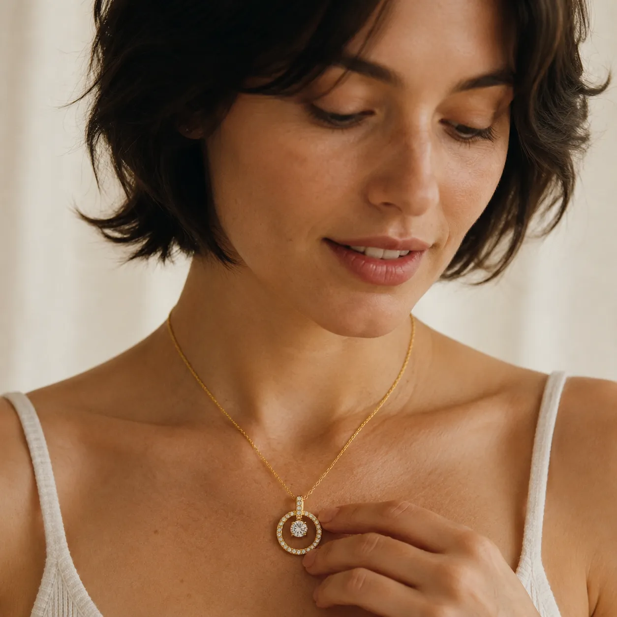 Double Ring Zircon Pendant Necklace