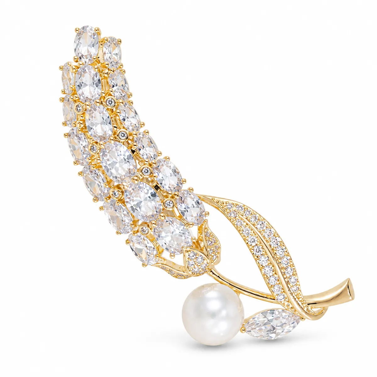 Gold Wheat Pearl Zircon Brooch