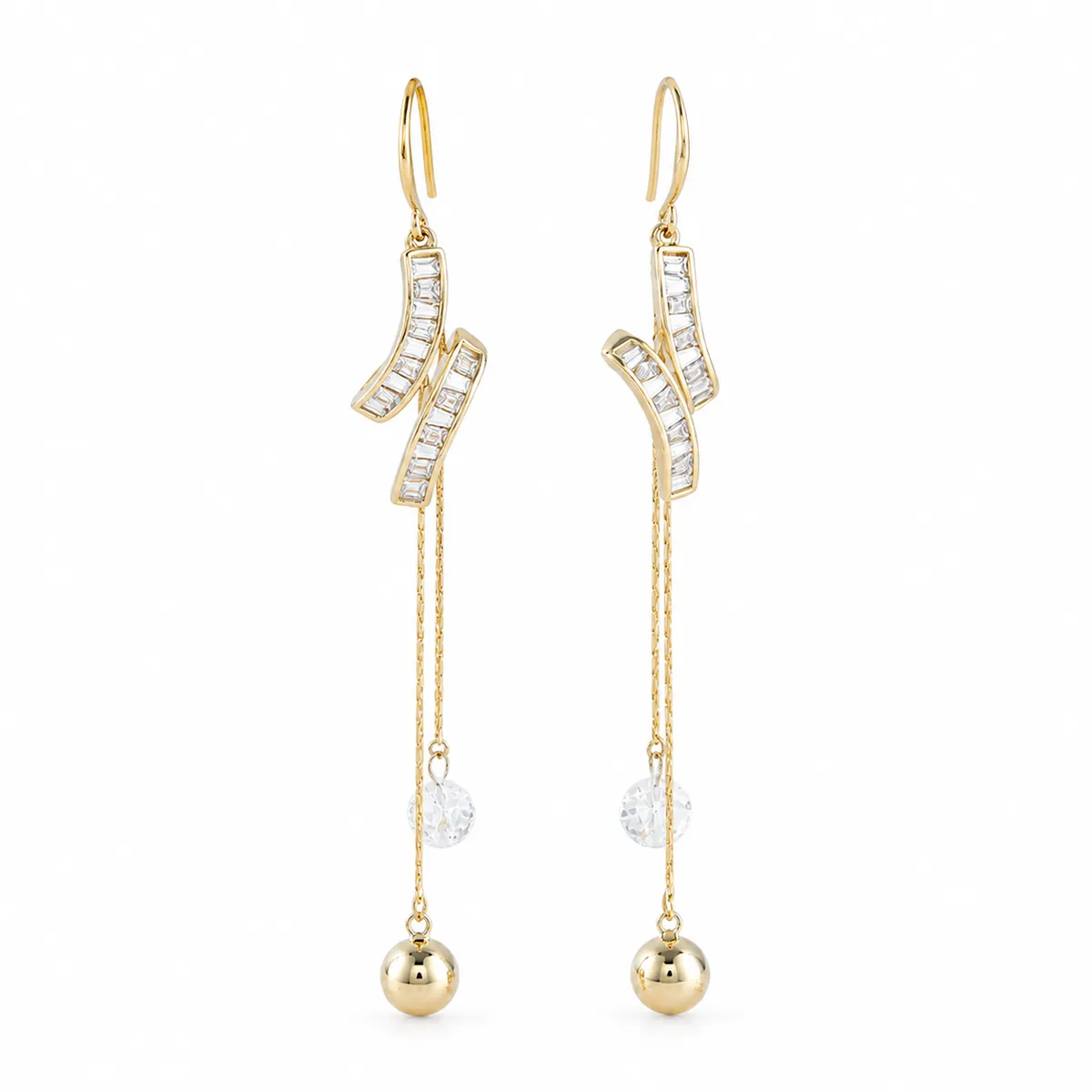 Zircon Ribbon Gold Ball Drop Earrings