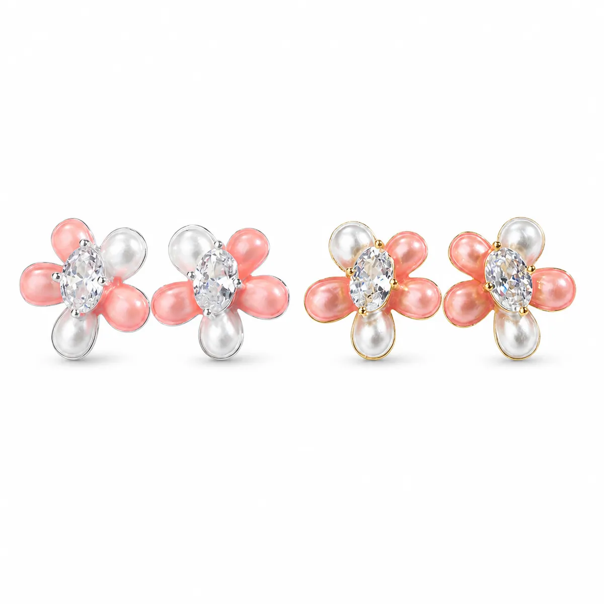 Pink-White Floral Pearl Zircon Studs