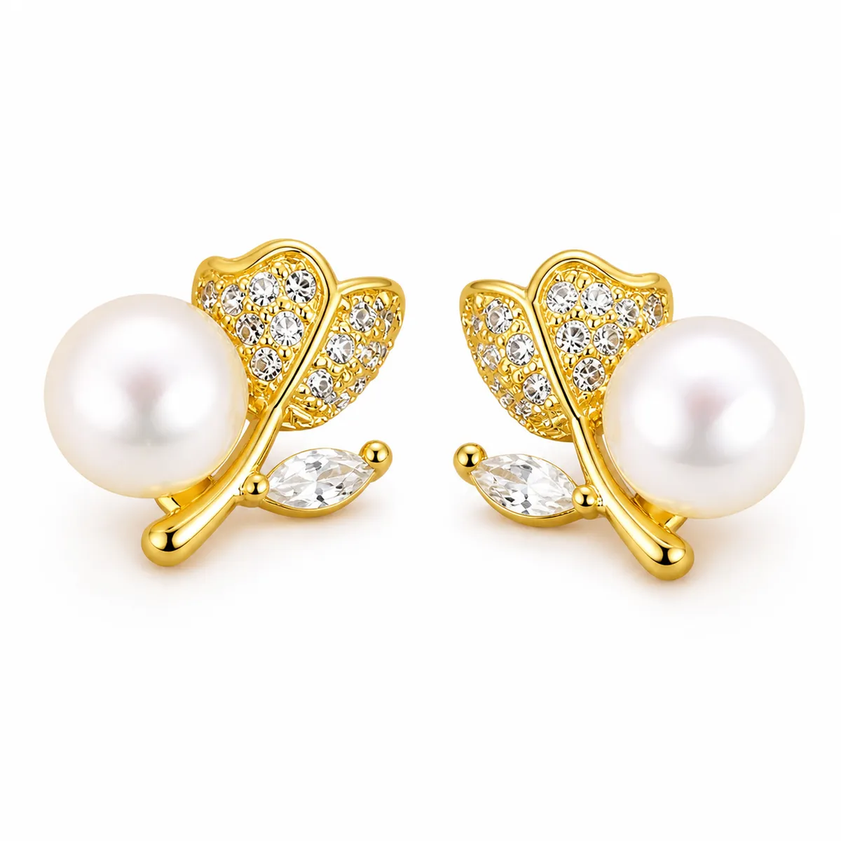 Pearl Crystal Leaf Studs