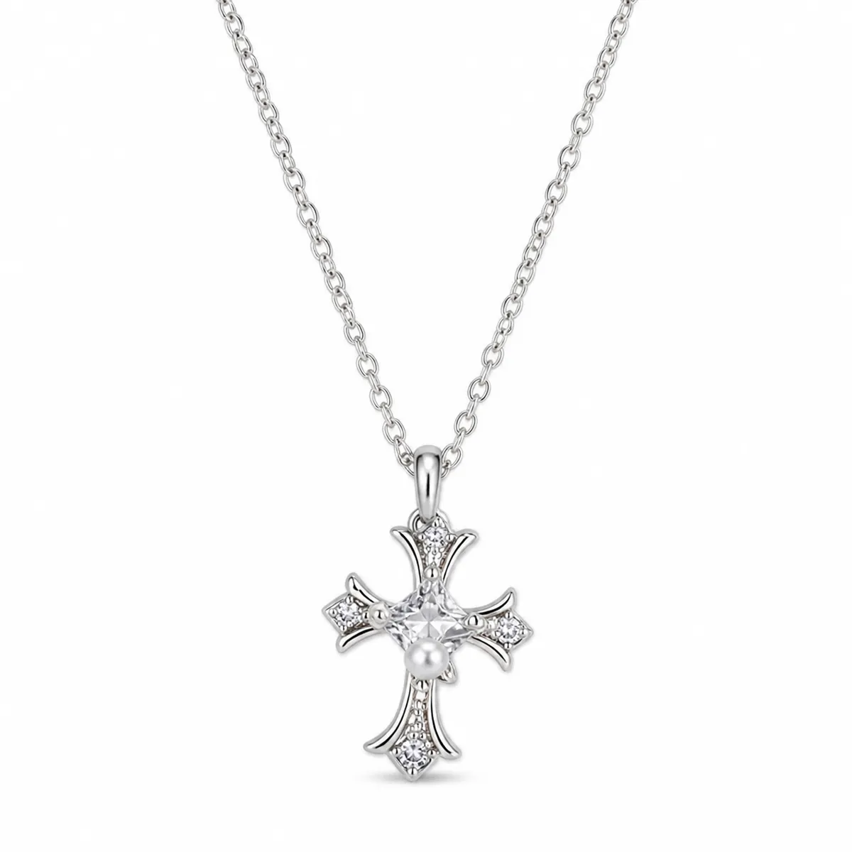 Cross Pearl Zircon Necklace