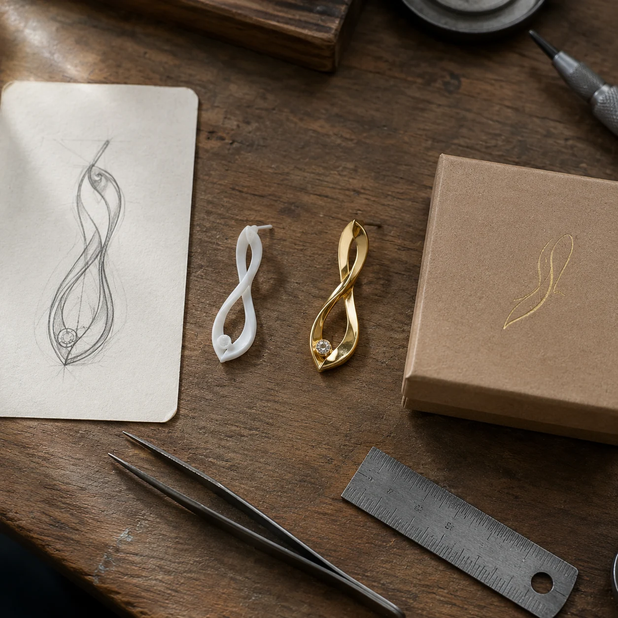 سير عمل التخصيص لـ OEM في JEWELRY ROOTS — رسم، نموذج شمعي، قطعة نهائية، علبة هدايا بالعلامة التجارية