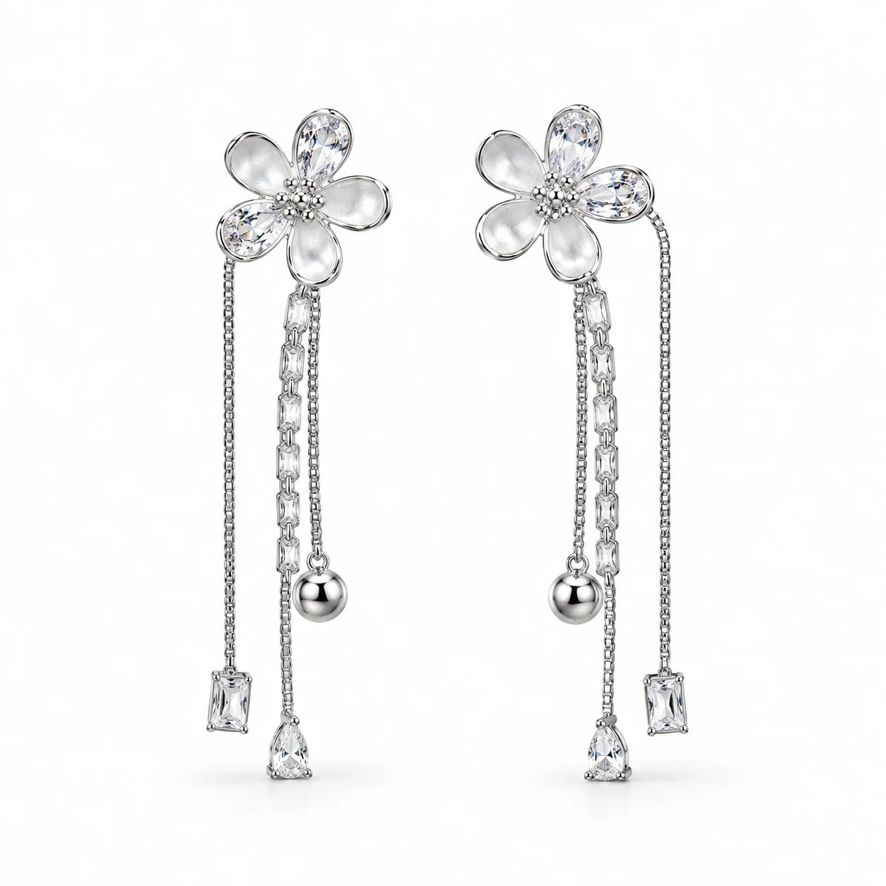 Silver-tone Five-petal Flower Double-chain Drop Earrings · DZ-0193AQ-00390/PRS