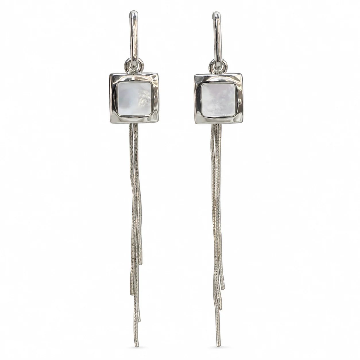 Silver-tone Square-frame Drop Earrings with Gray-white Insets and Long Chain Tassels · DZ-0136SAQ-00380/PRS
