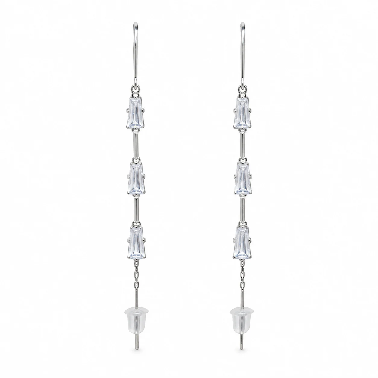 Silver-Tone Long Earrings with Three Clear Tapered Accents · DZ-0211AQ-00290/PRS