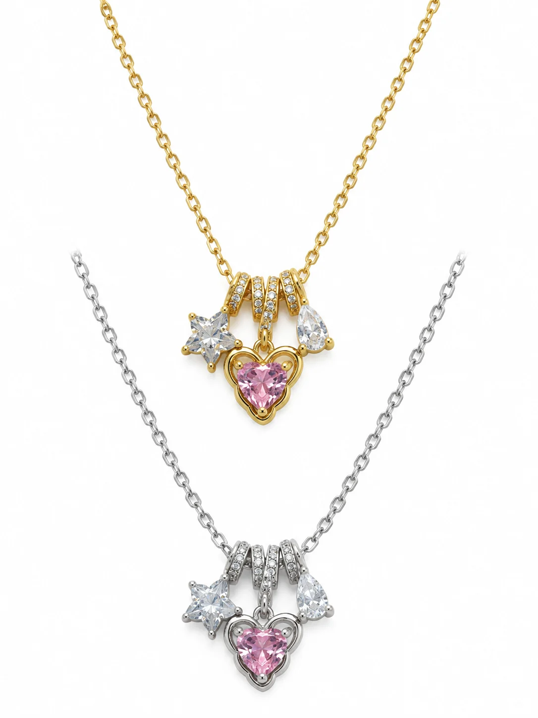 Gold-tone Fine-chain Necklace with Pink Heart and Star Charms · TSX-A068CGAQ-00440