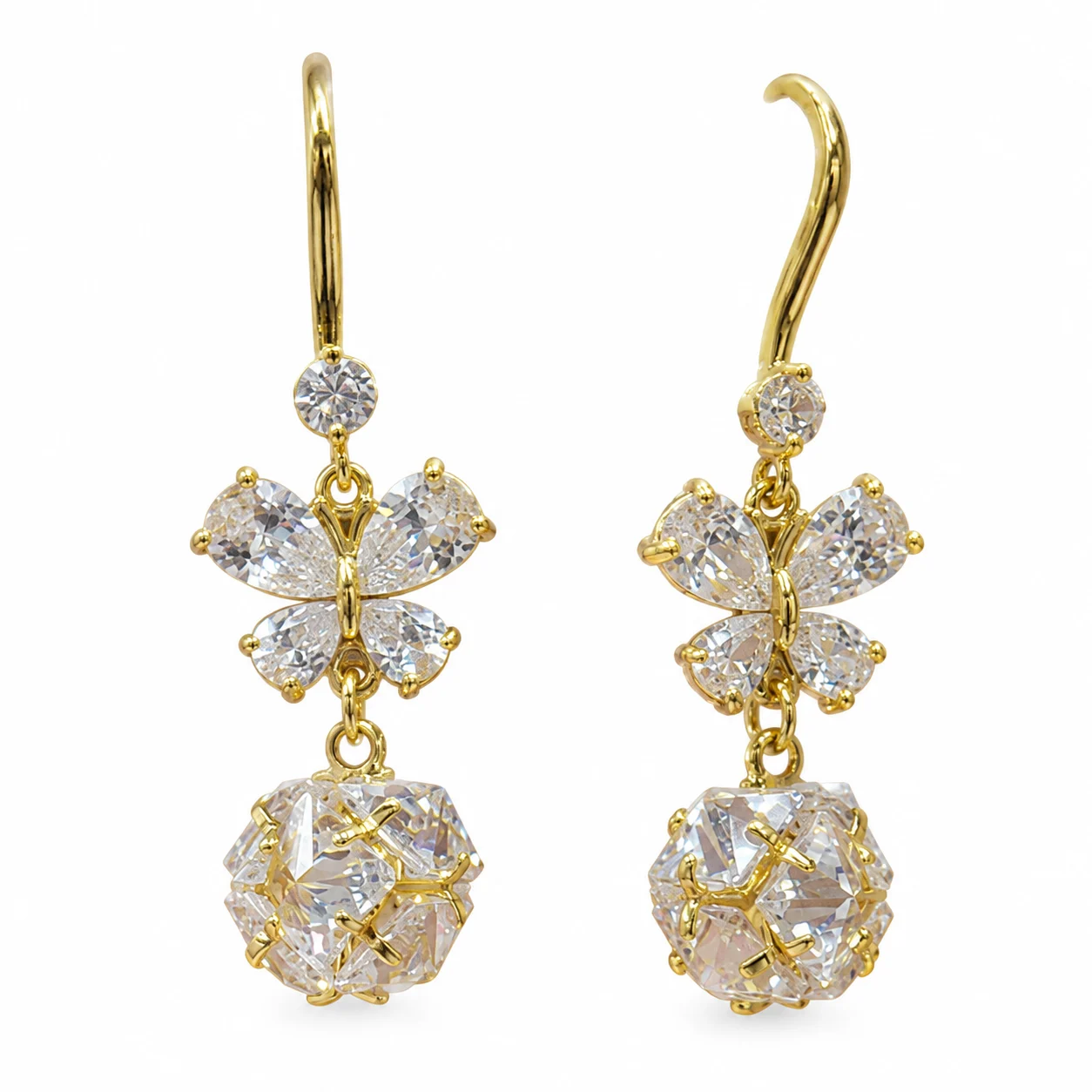 Gold-tone Butterfly Drop Earrings with Clear Sparkling Ball Pendants · DY-0113AQ-00500/PRS