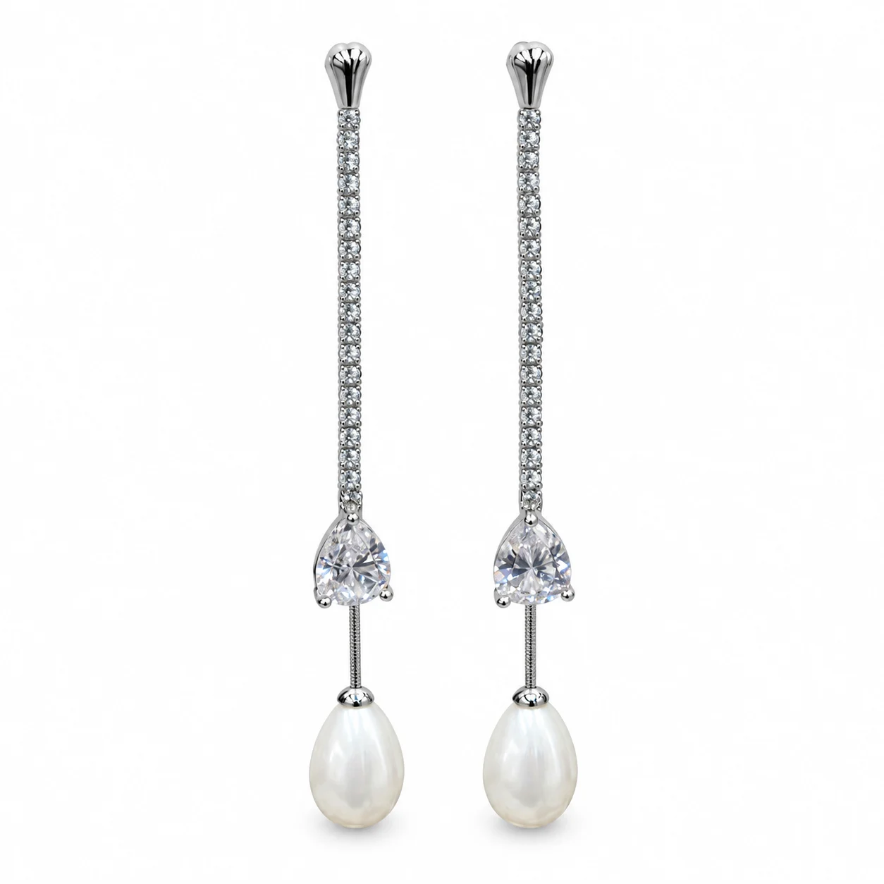 Silver-tone Long Drop Earrings with Clear Teardrop Accents and Milky White Beads · DZ-1120AQ-00480/PRS