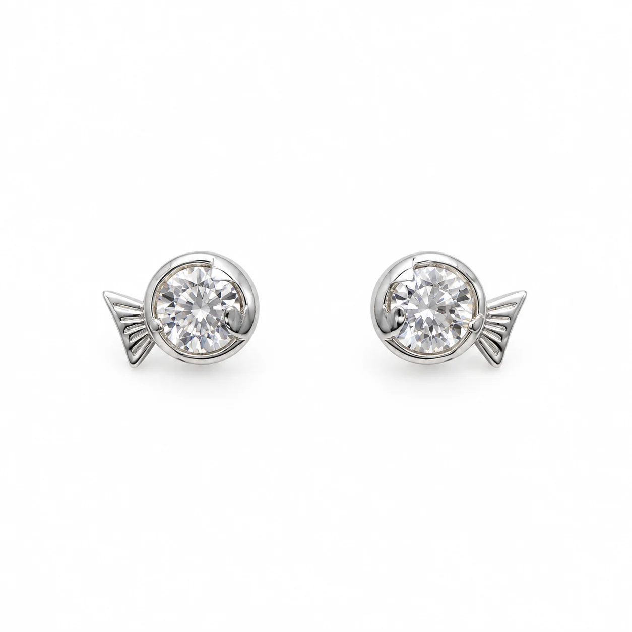 Silver-tone Small Fish Stud Earrings with Clear Stones · KR-8440E-00220