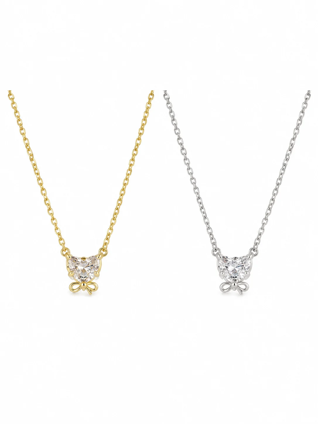 Gold-tone and Silver-tone Fine-chain Necklaces with Cat-head Outline and Bow Pendants · TSX-4120-330