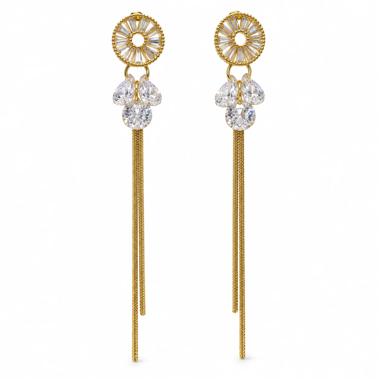 Gold-tone Round Disc Drop Earrings with Clear Faceted Accents and Long Chain Tassels · DZ-0141SAQ-00340/PRS
