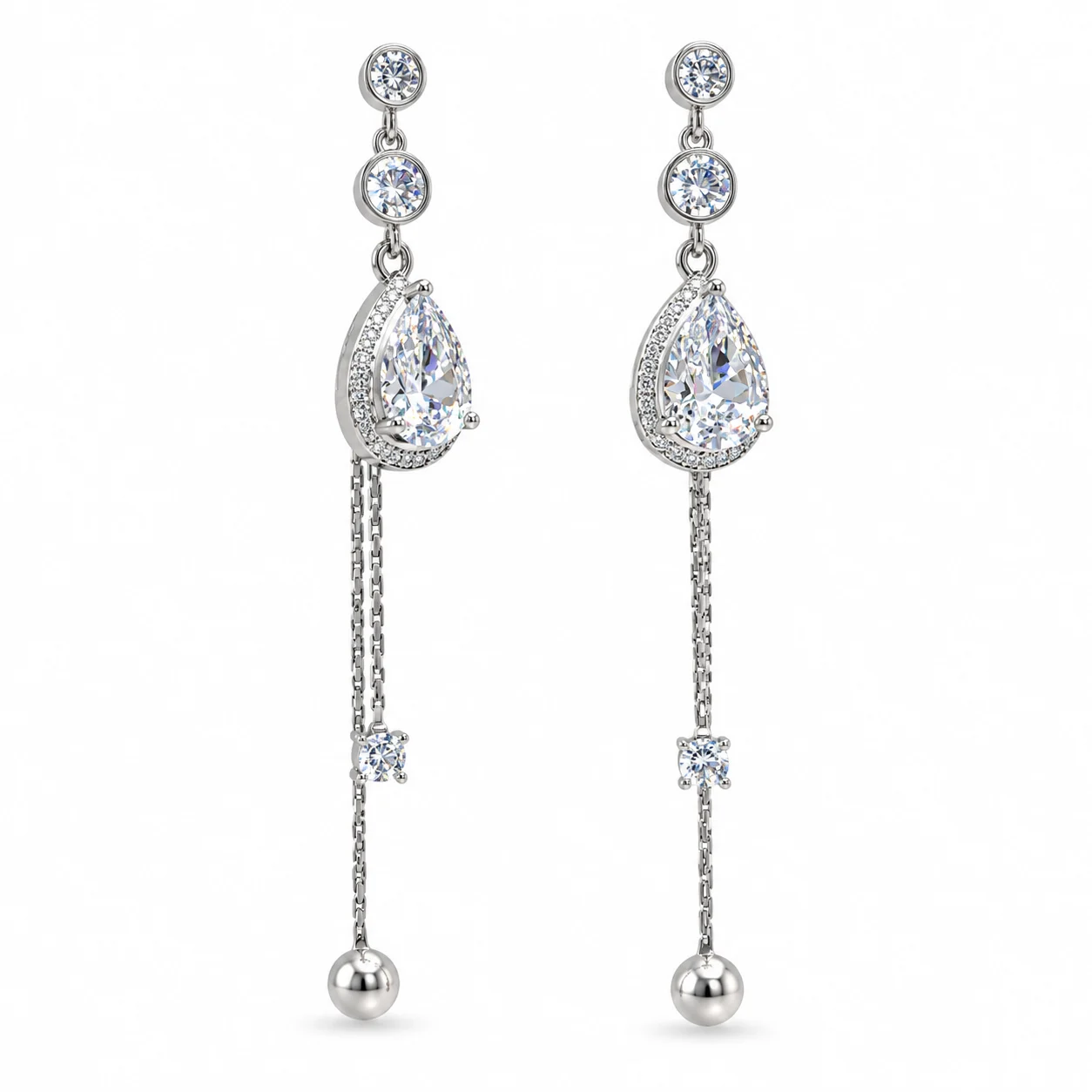 Silver-tone Teardrop Sparkling Stone Double-chain Drop Earrings · DZ-0138SAQ-00430/PRS