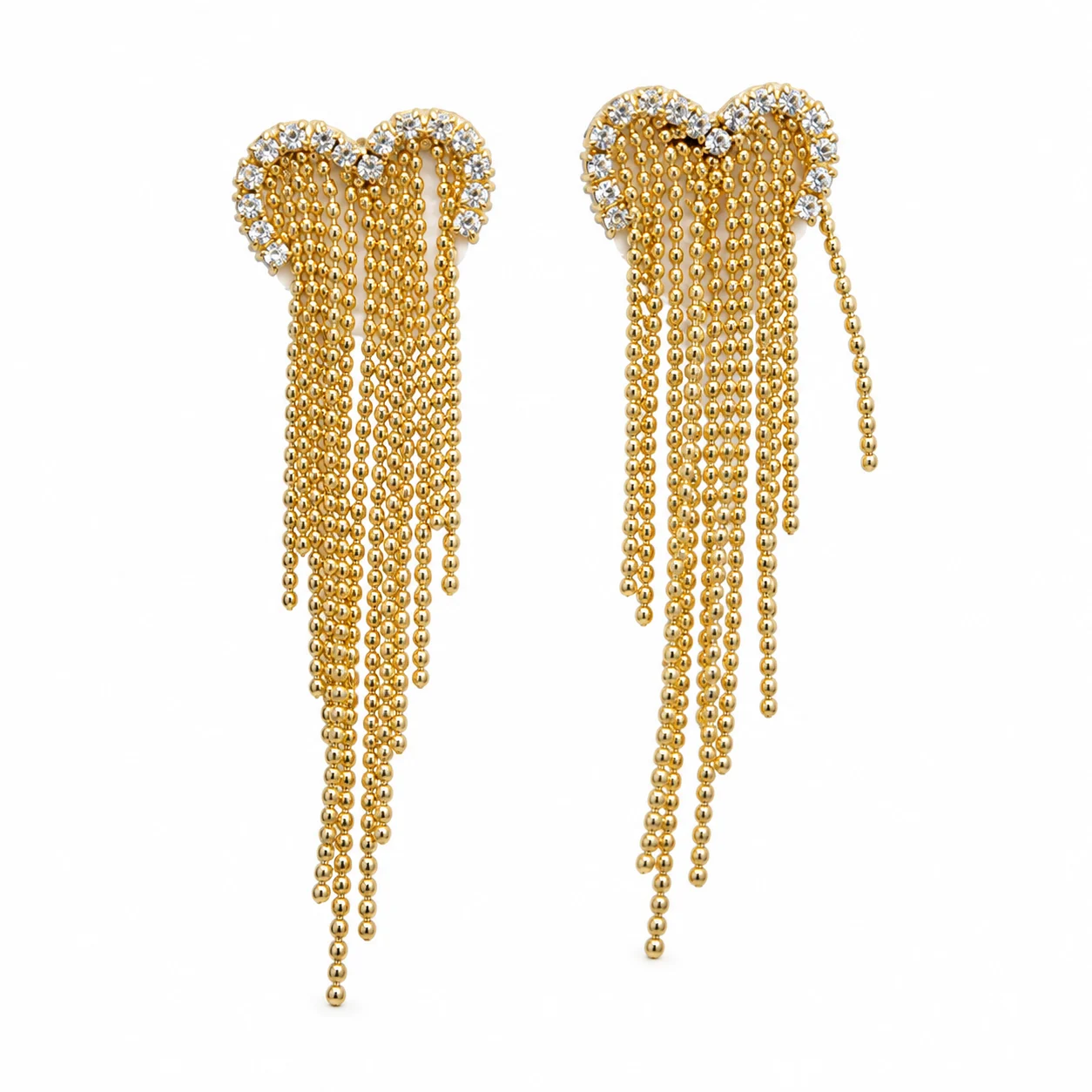 Gold-tone Heart Earrings with Clear Sparkling Borders and Chain Tassels · DZ-0202AQ-00450/PRS