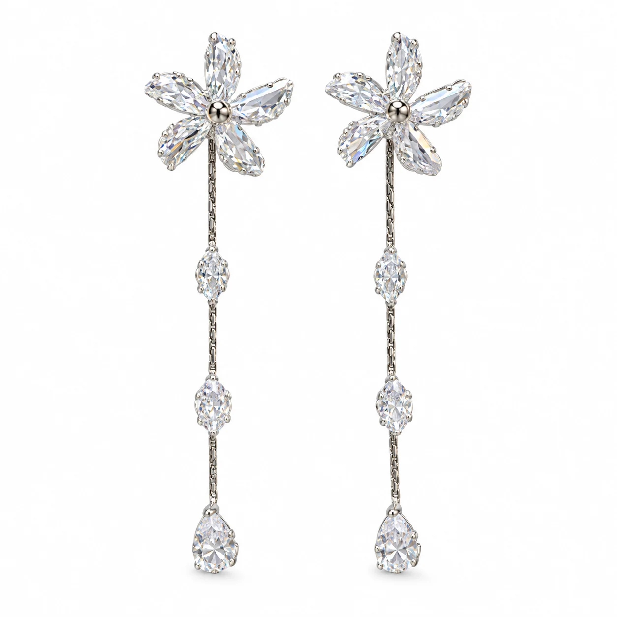 Silver-tone Clear-stone Flower Long-chain Drop Earrings · DZ-0208AQ-00440/PRS