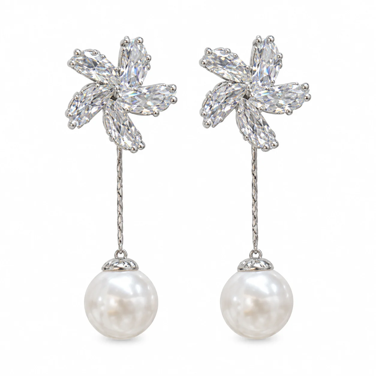 Silver-tone Floral Clear-stone and White Bead Drop Earrings · DZ-1106AQ-00420/PRS