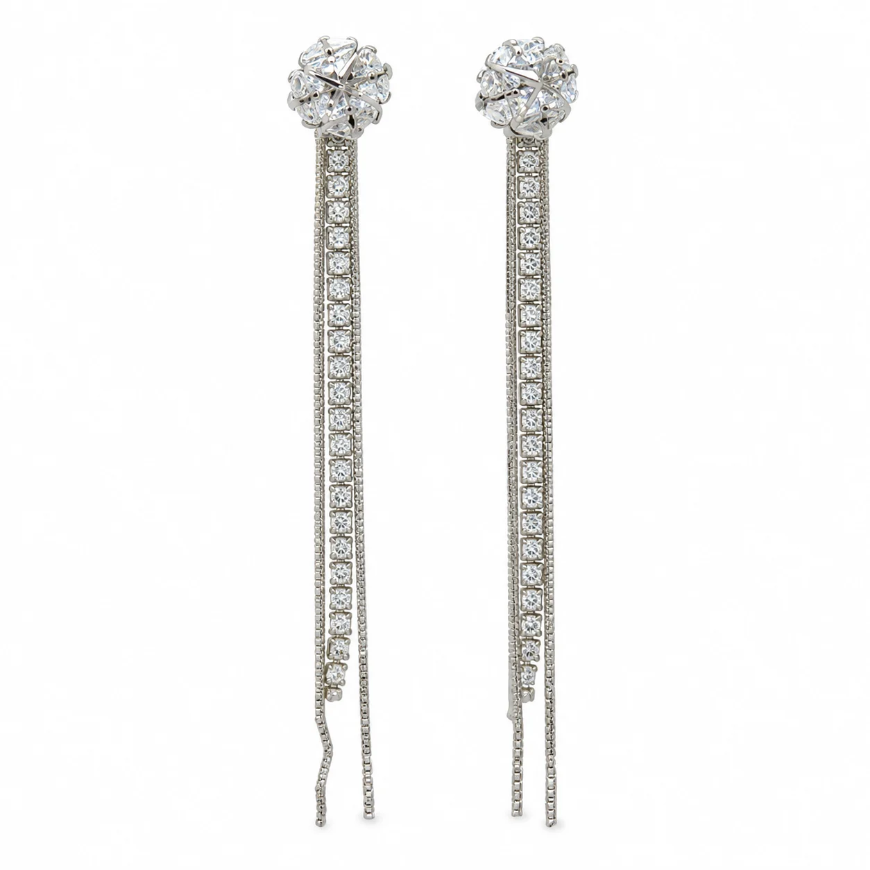 Silver-tone Round Sparkling Long Tassel Earrings · DZ-1190AQ-00500/PRS
