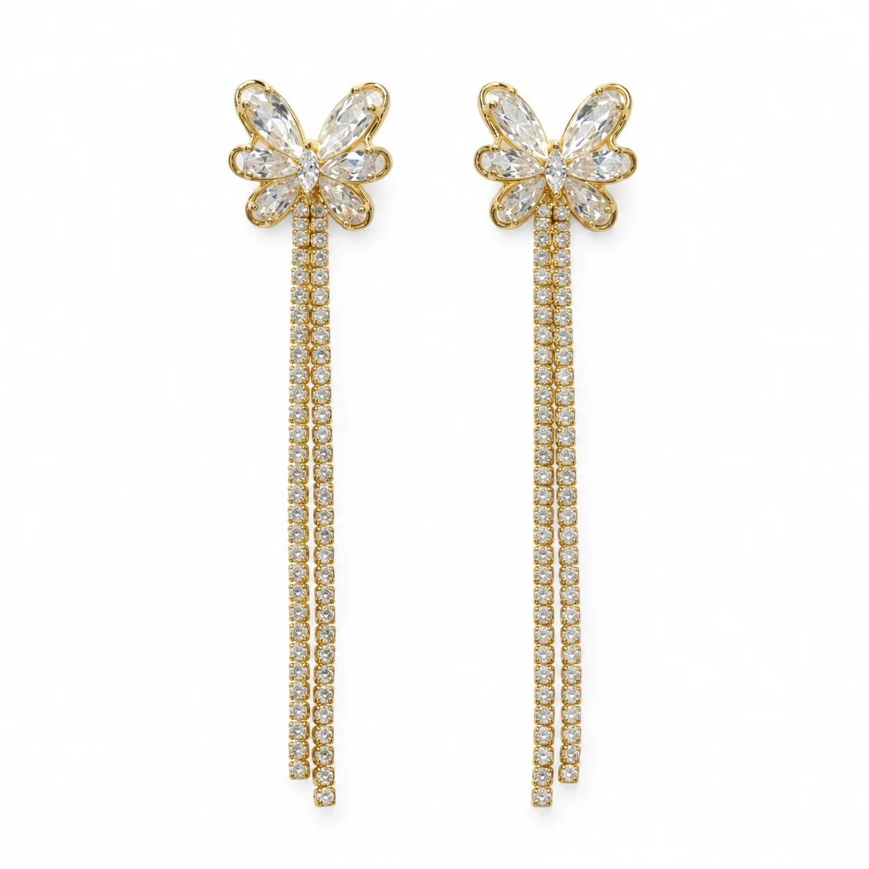 Gold-Tone Butterfly Earrings with Clear Sparkling Double-Chain Tassels · DZ-0234AQ-00560/PRS