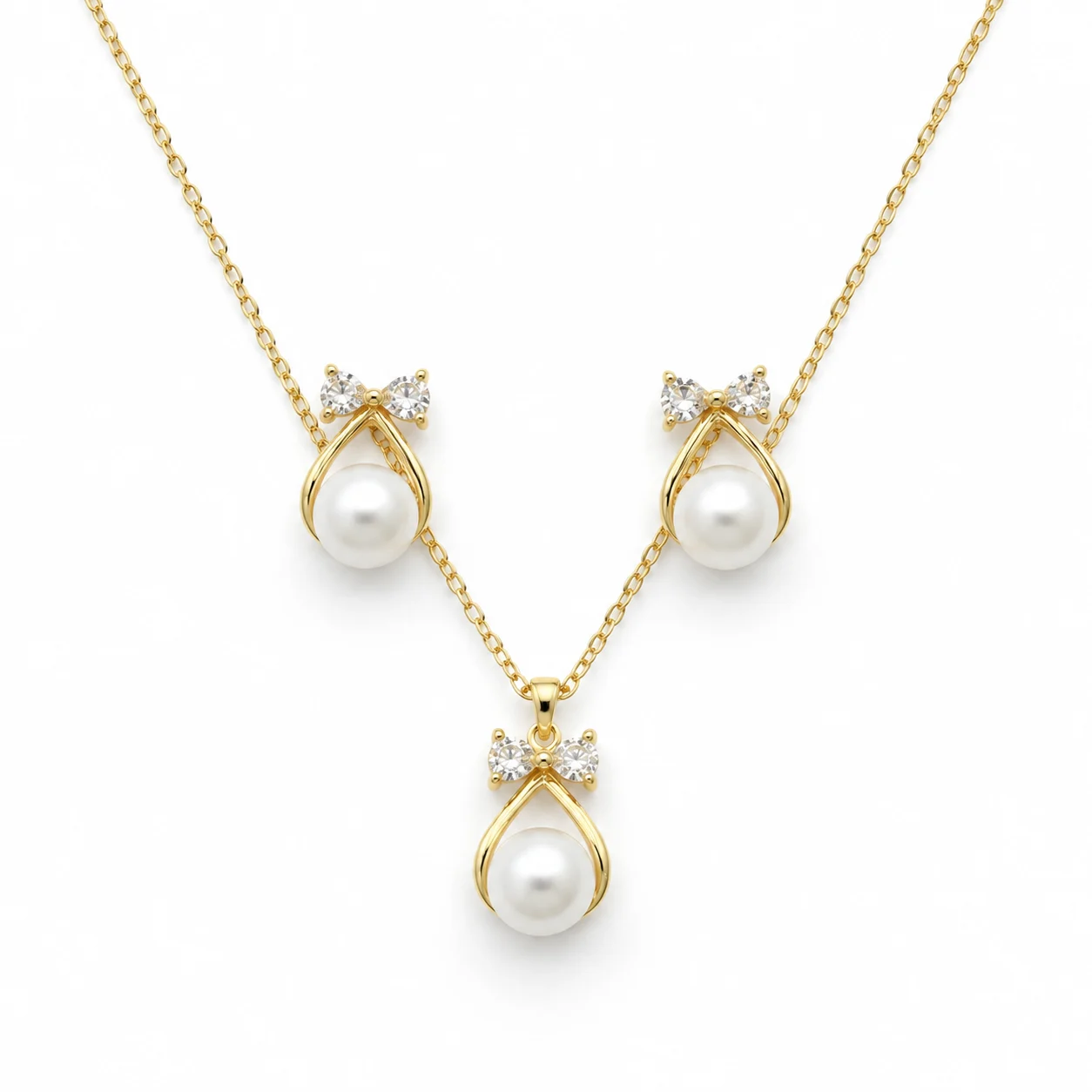 Gold-tone Bow and Teardrop Frame White Bead Necklace and Earrings Set · DT-0019AQ