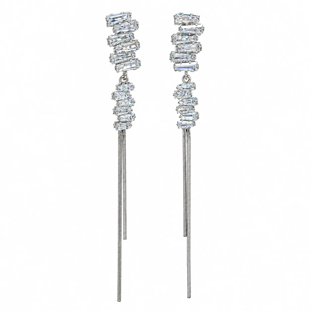 Silver-tone Clear Rectangular Accent Chain Tassel Earrings · DZ-0236AQ-00470/PRS