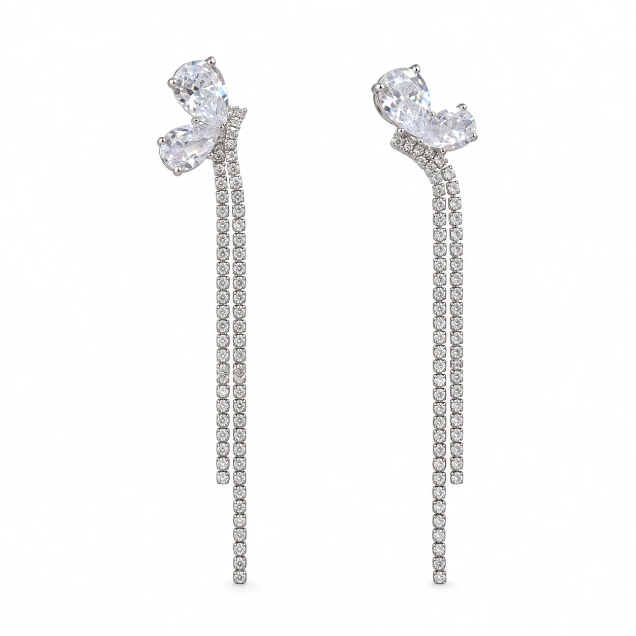 Silver-tone Clear Faceted Double-strand Tassel Earrings · DZ-0197AQ-00420/PRS