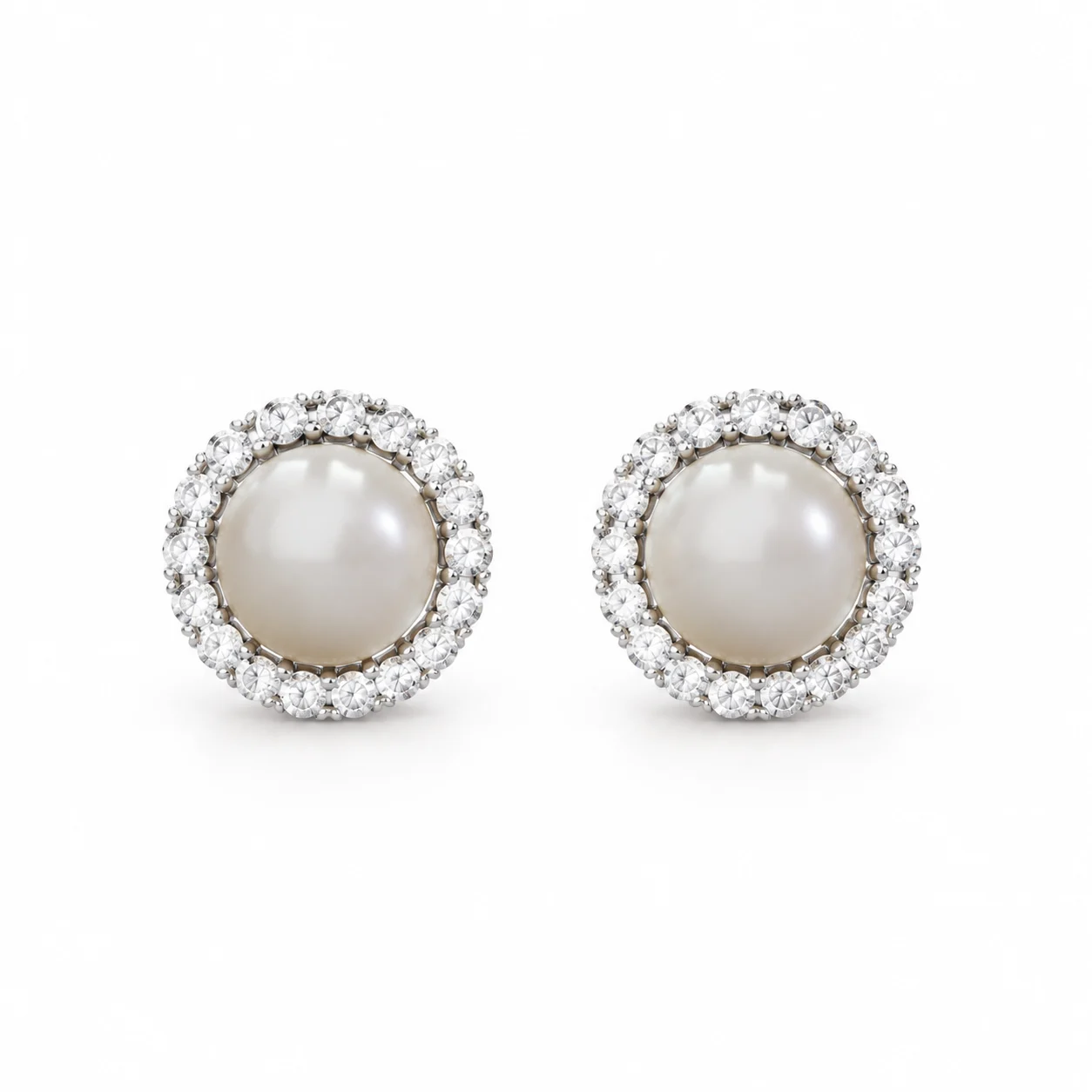 Silver-tone Round Stud Earrings with Pearly White Centers and Halos · C1-11212AQ-28