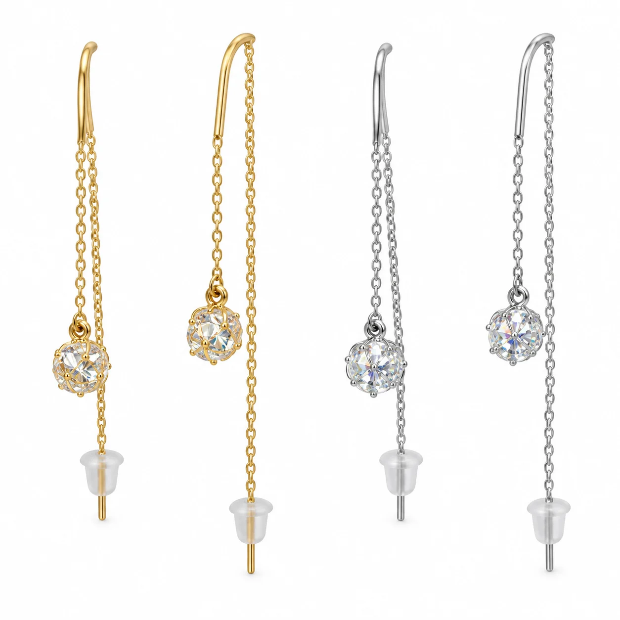 Gold-tone and Silver-tone Fine-chain Drop Earrings with Round Clear Stones · DZ-0219AQ-00340/PRS