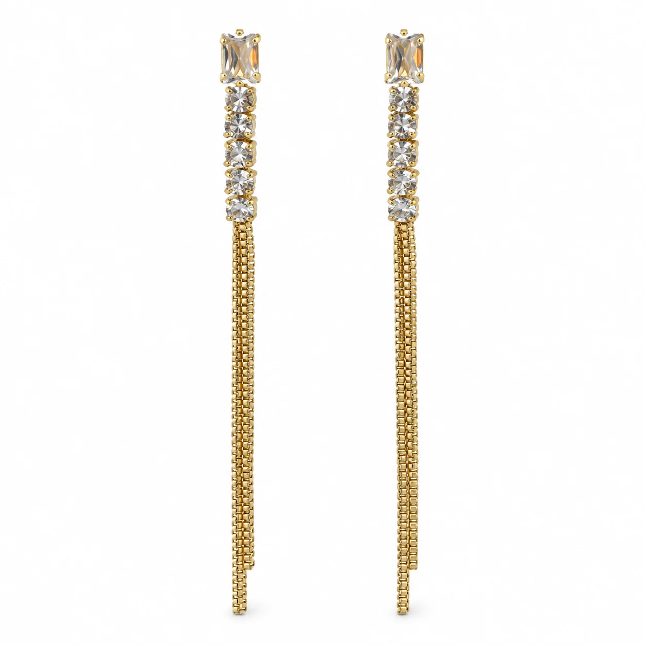 Gold-tone Long Chain Tassel Earrings with Clear Sparkling Accents · DZ-0203AQ-00350/PRS