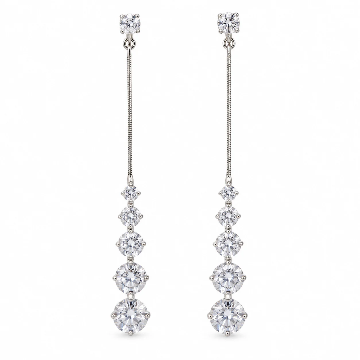 Silver-tone Fine-chain Drop Earrings with Graduated Round Clear Stones · DZ-0186AQ-00390/PRS