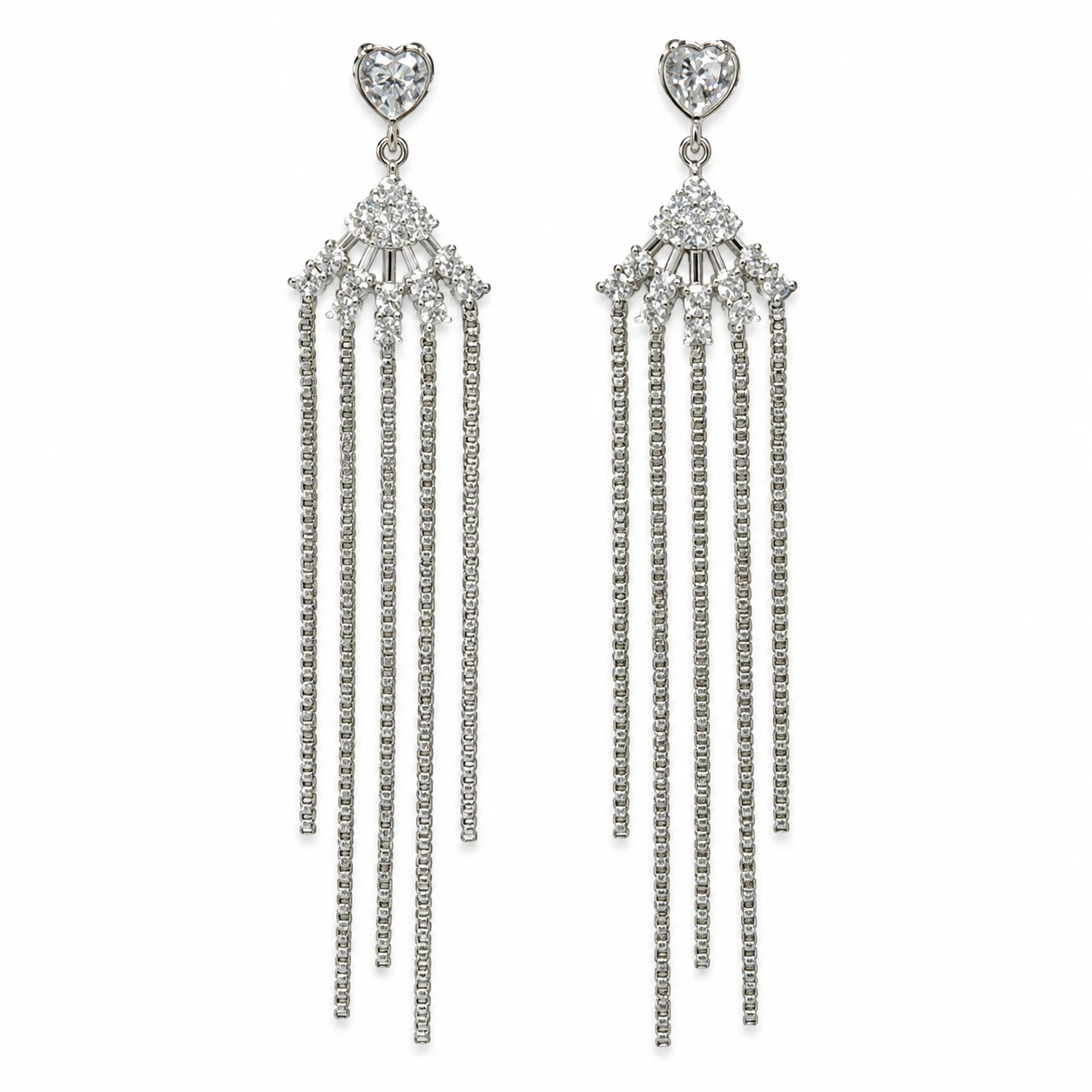 Silver-tone Heart and Fan Long Chain Tassel Earrings · DZ-0143AQ-00410/PRS