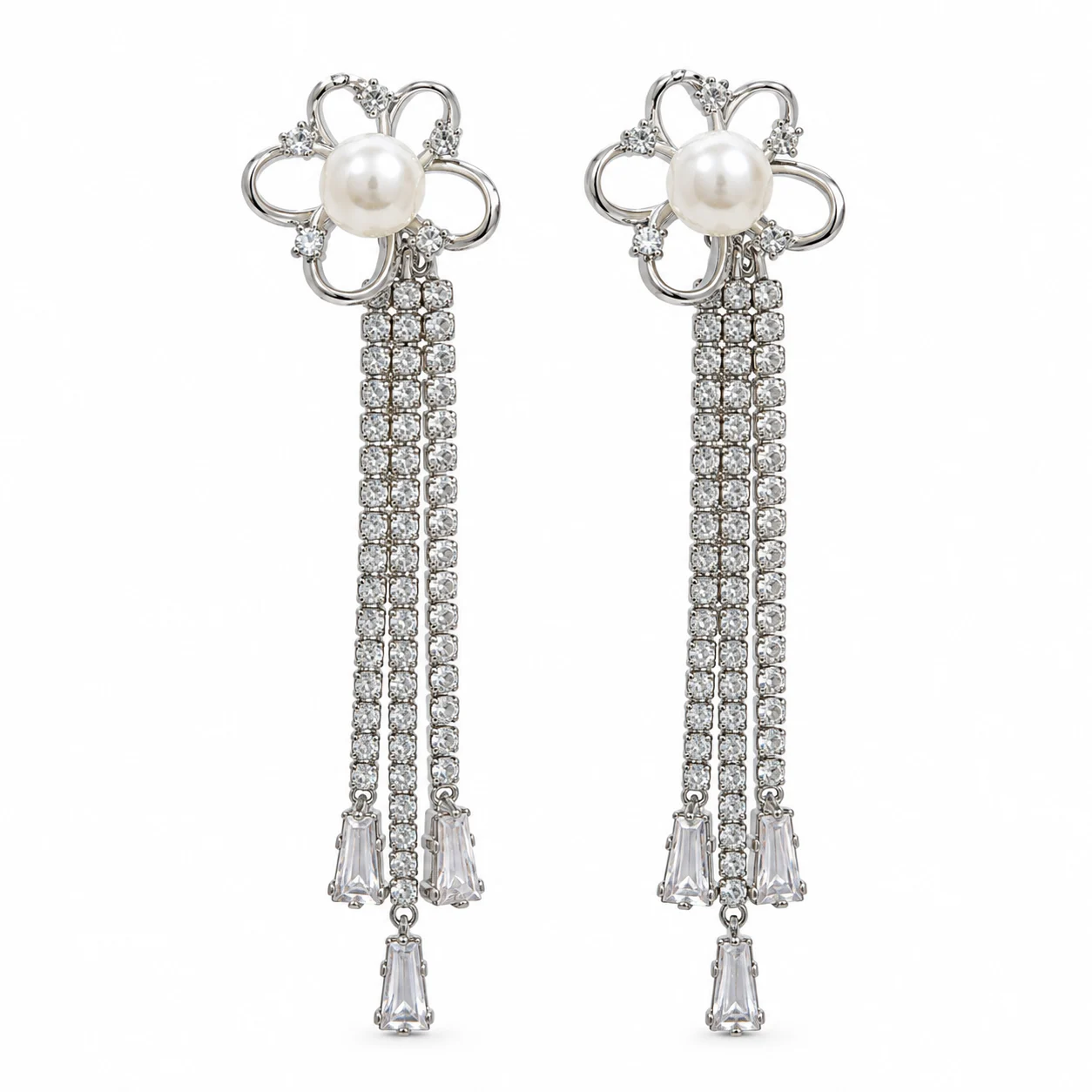 Silver-tone Openwork Flower and White Bead Long Tassel Earrings · DZ-0246AQ-00560/PRS