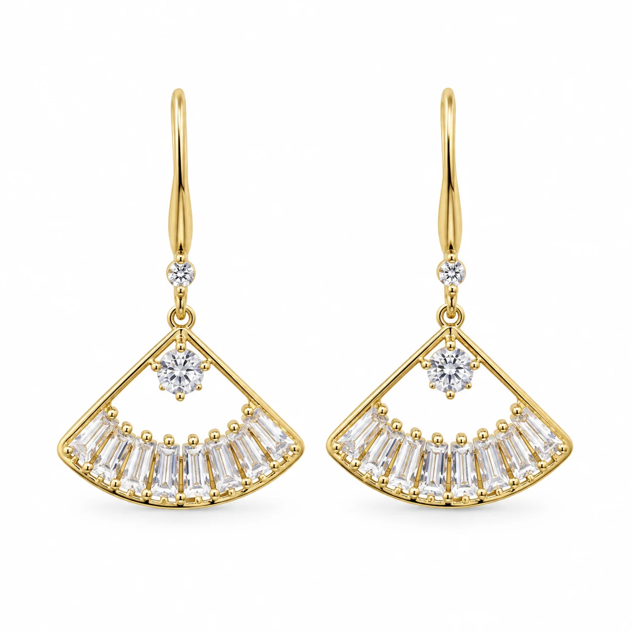 Gold-tone Openwork Fan-shaped Drop Earrings with Clear Stones