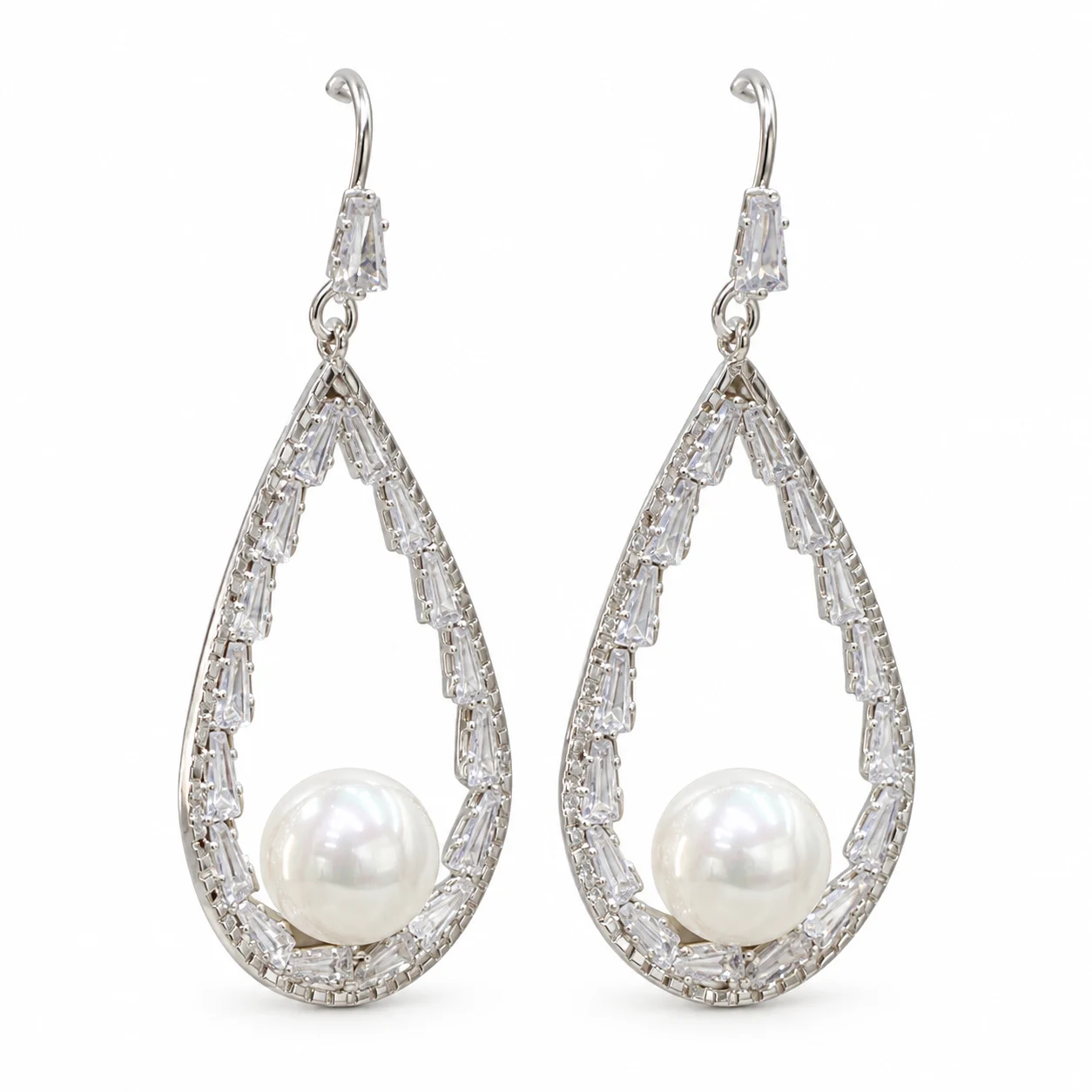 Silver-tone Open Teardrop Earrings with Clear Accents and White Beads