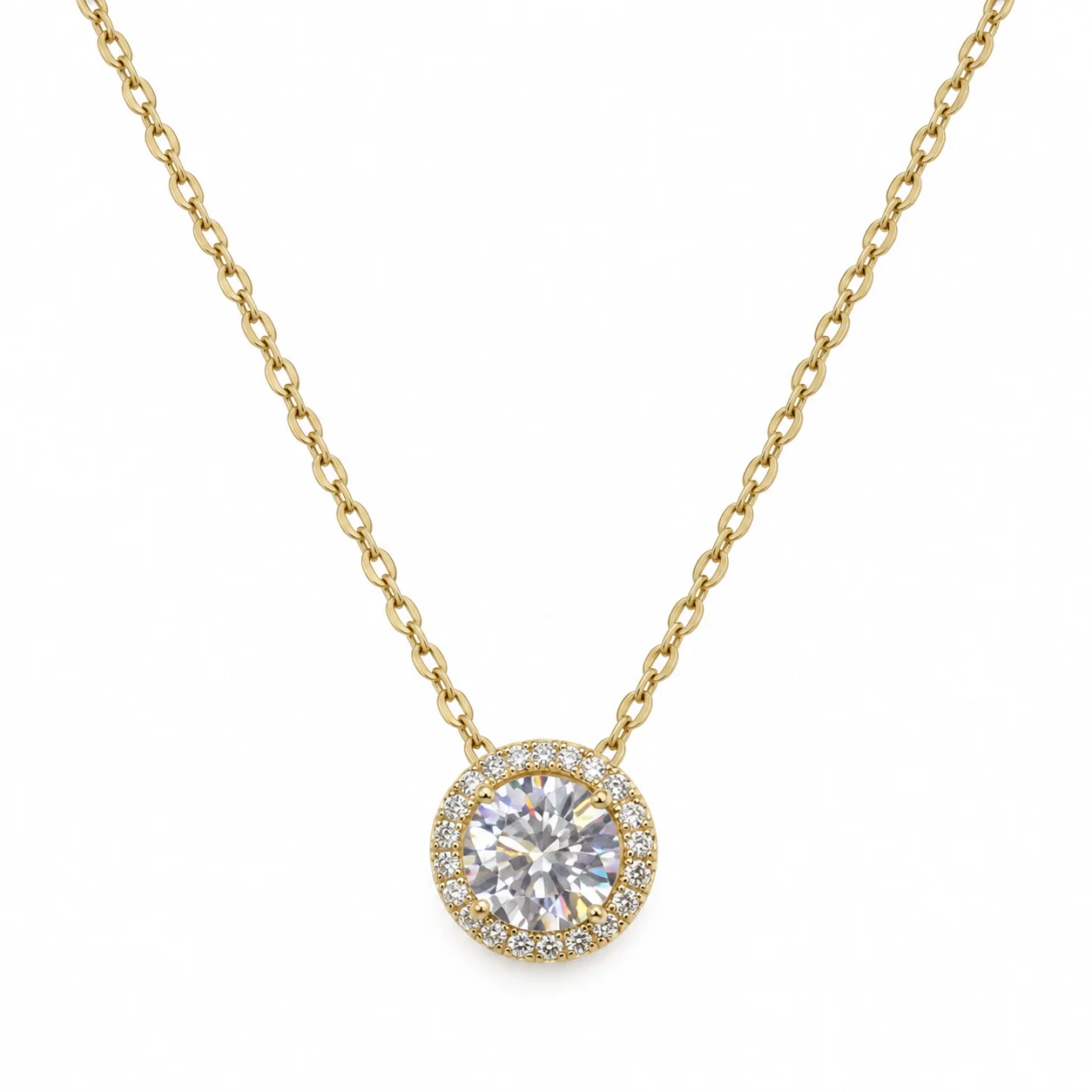Gold-tone Fine Chain Necklace with Round Clear Halo Pendant
