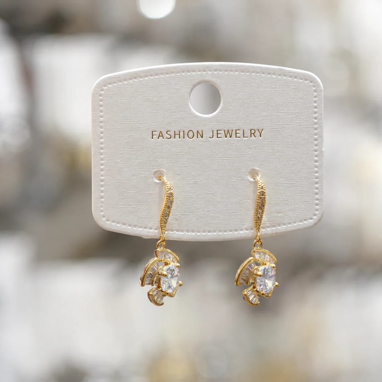 Gold-tone Drop Earrings with Clear Stone Clusters