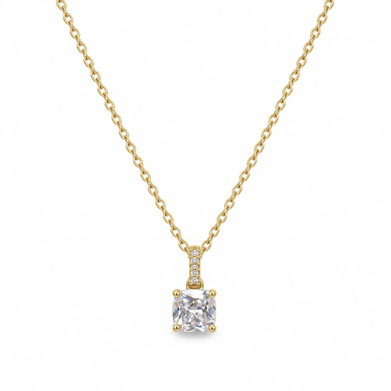 Gold-tone Fine Chain Necklace with Square Clear Stone Pendant