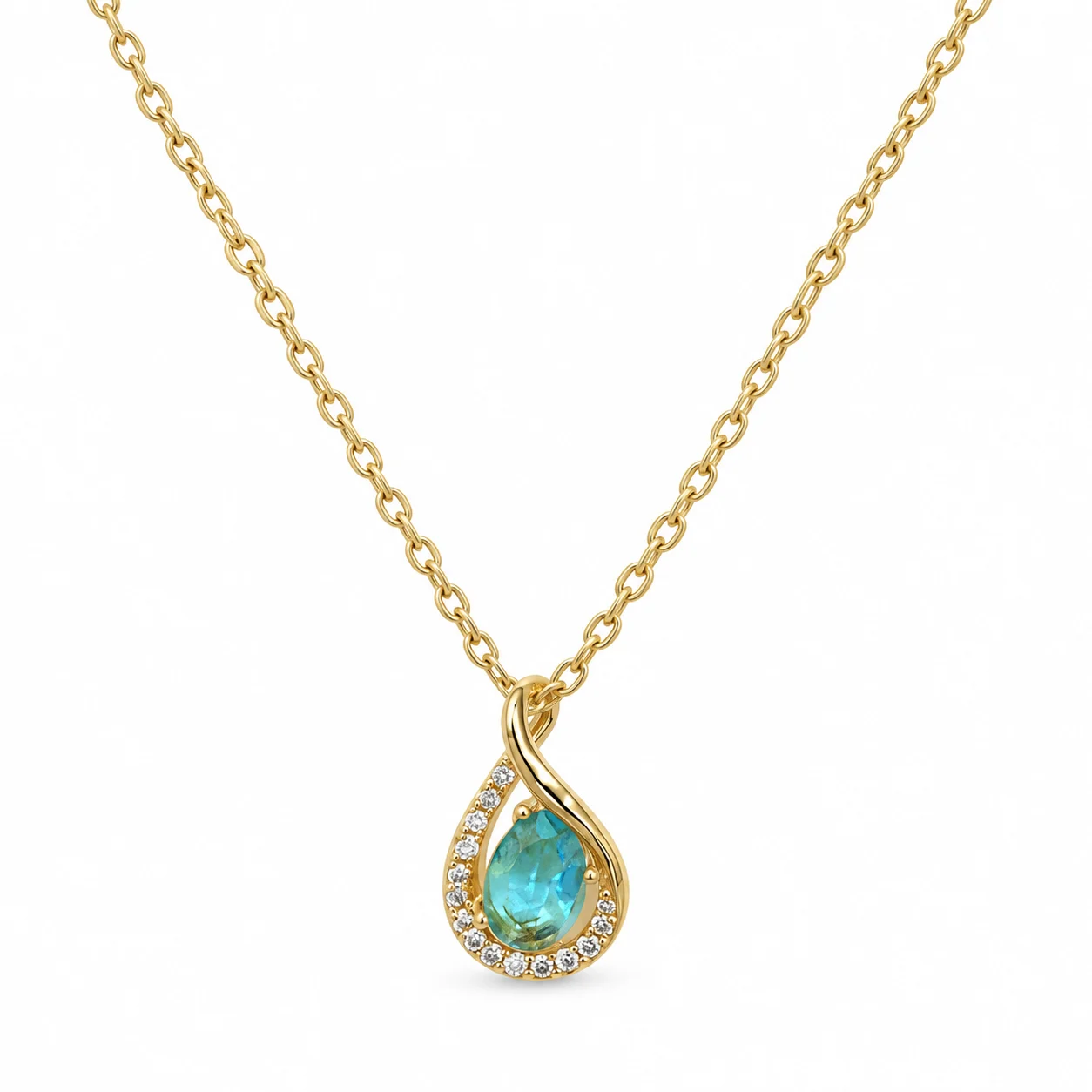 Gold-tone Teardrop Pendant Necklace with Blue Faceted Accent
