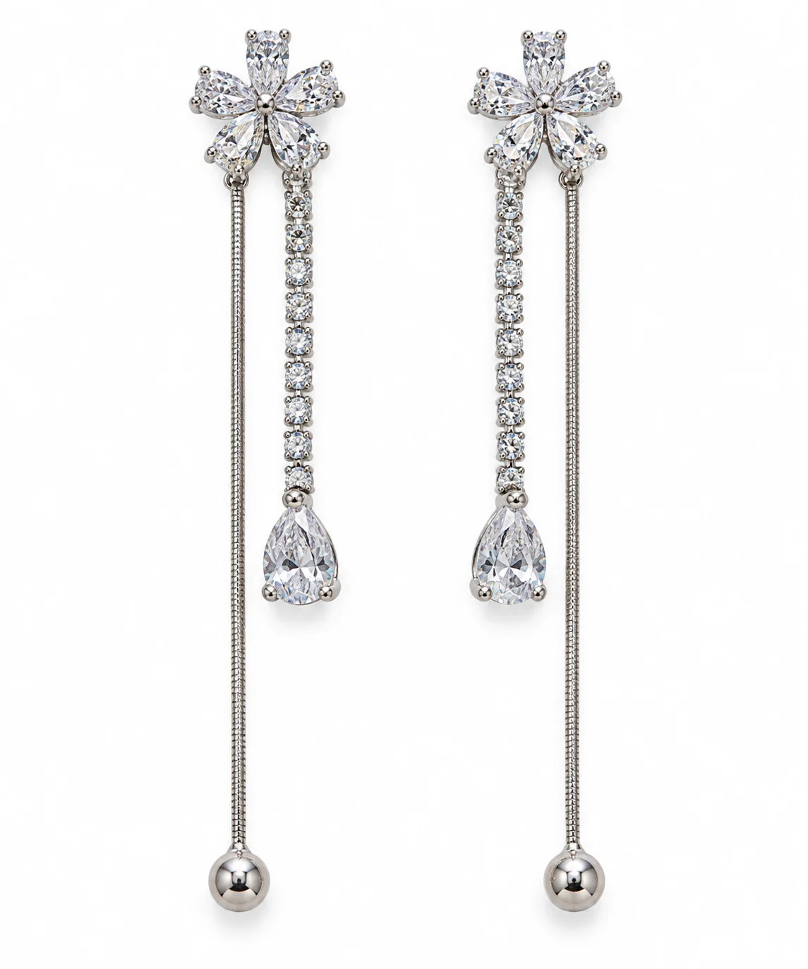 Silver-tone Floral Clear-stone Double-strand Drop Earrings
