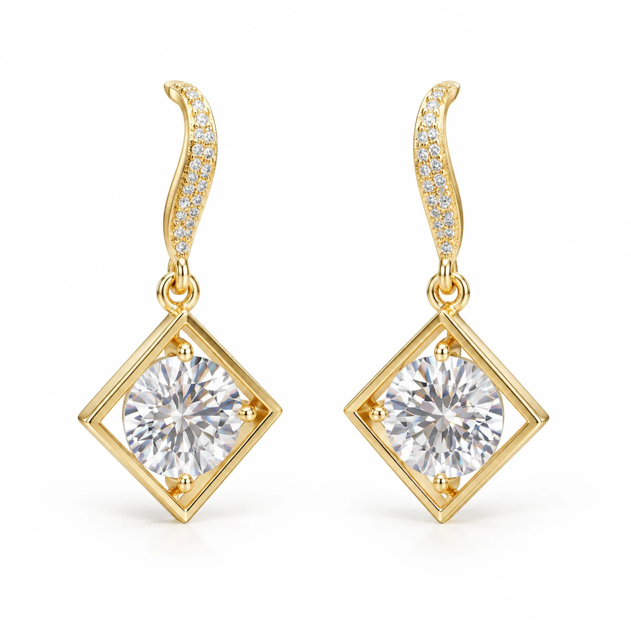 Gold-tone Square-frame Drop Earrings with Round Clear Stones