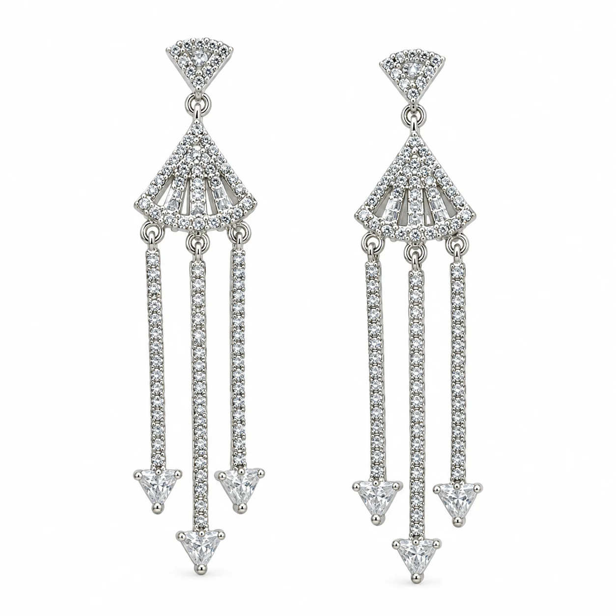 Silver-tone Openwork Fan Earrings with Triple Tassel Drops