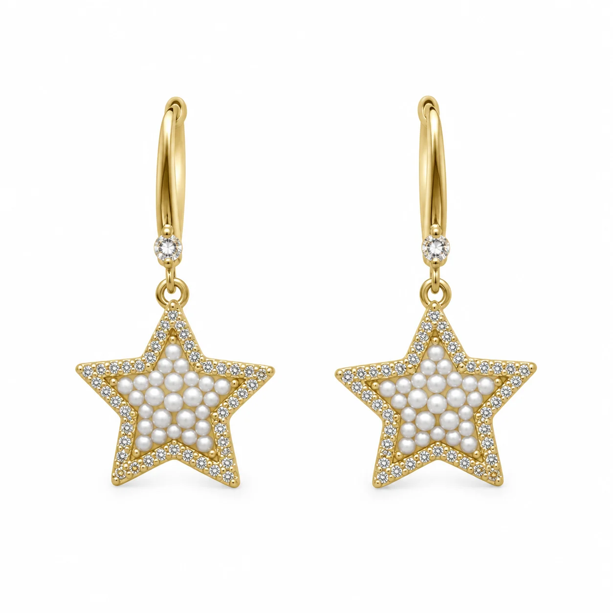 Gold-tone Star Drop Earrings with White Bead-like Accents