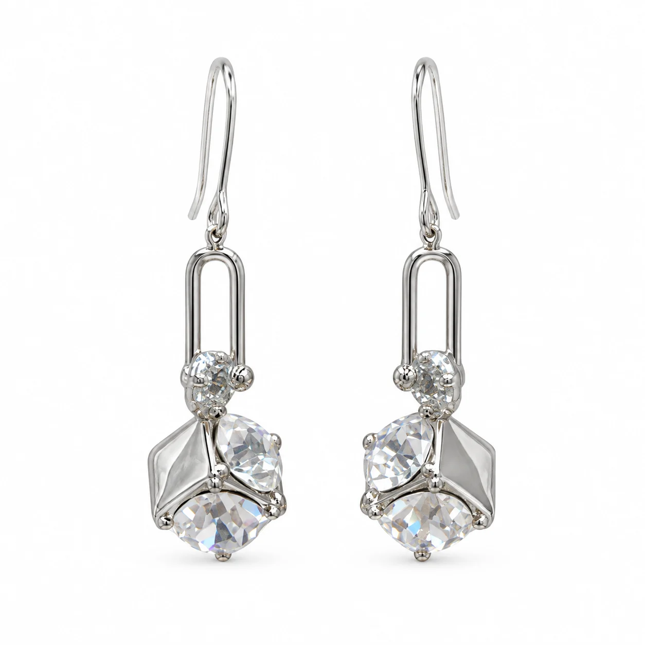 Silver-tone Drop Earrings with Elongated Links and Clear Faceted Geometric Drops