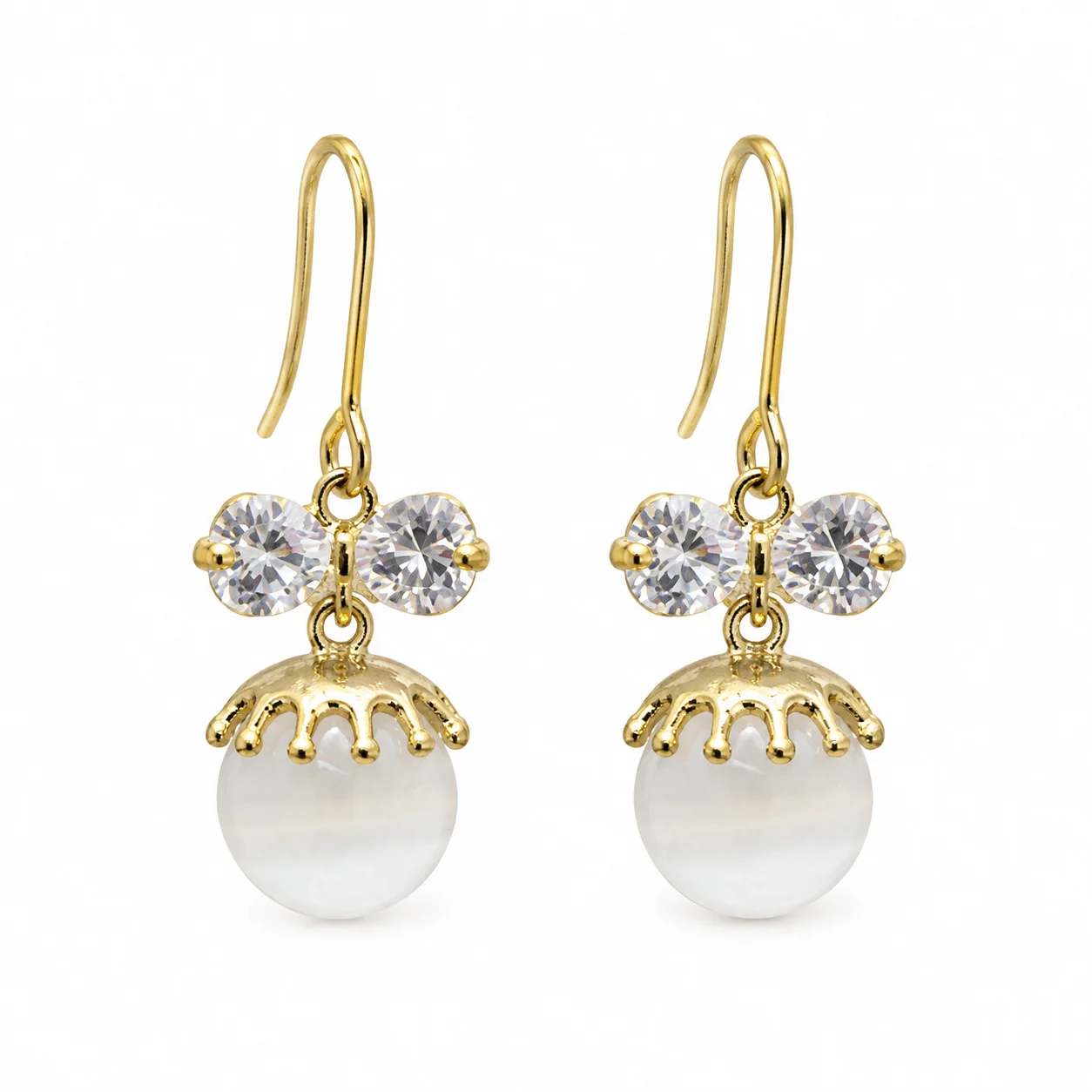 Gold-tone Drop Earrings with Clear Bow-like Accents and Milky White Beads