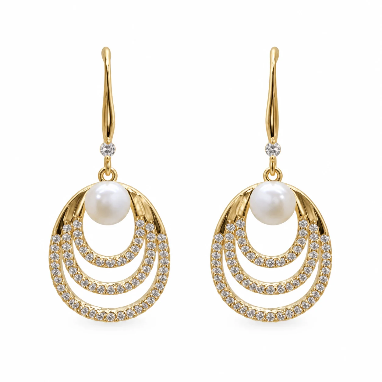 Gold-tone Triple Oval Openwork Drop Earrings with White Beads