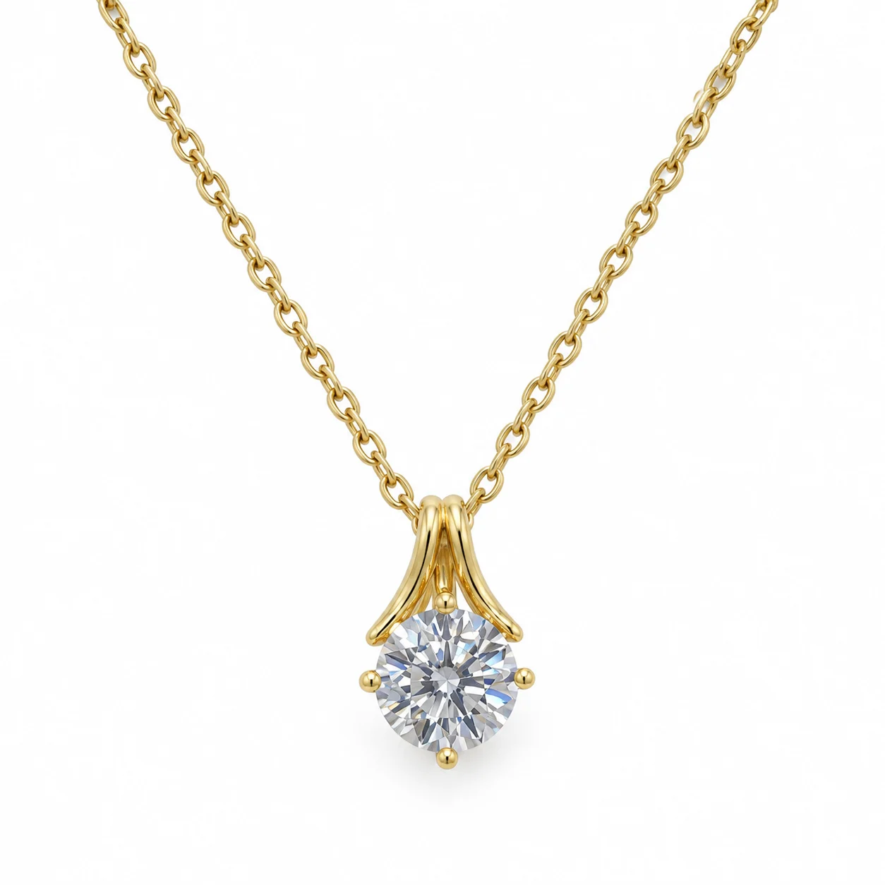Gold-tone Fine Chain Necklace with Round Clear Stone Pendant