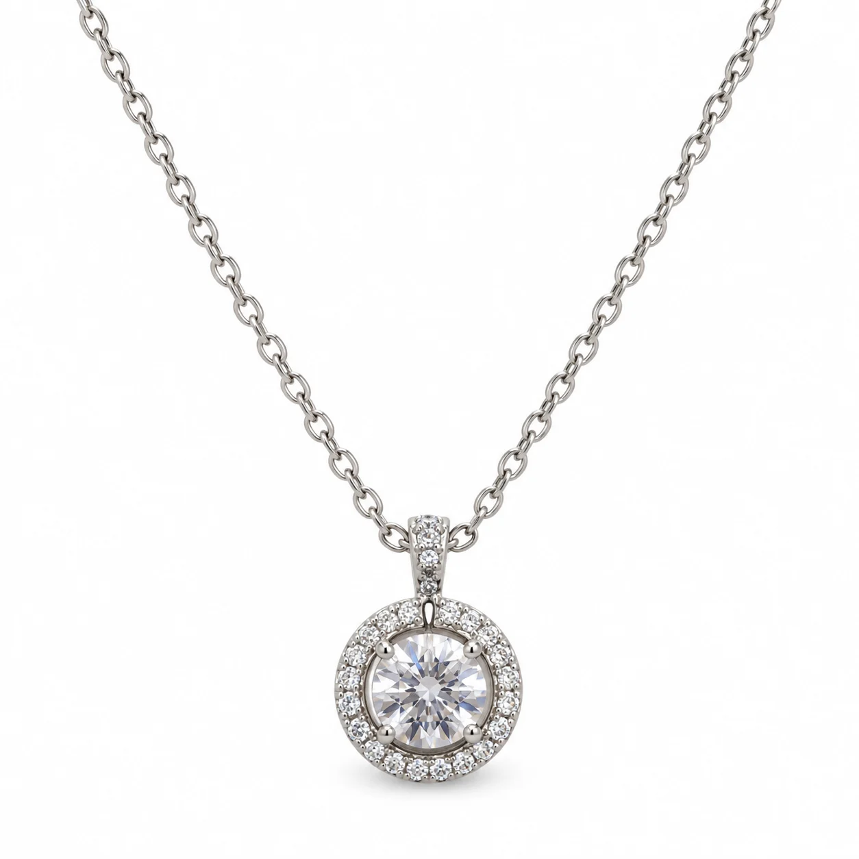 Silver-tone Round Clear Stone Halo Pendant Necklace