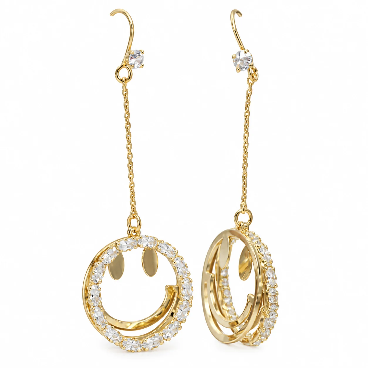 Gold-tone Openwork Smiley Face Chain Drop Earrings with Clear Stones